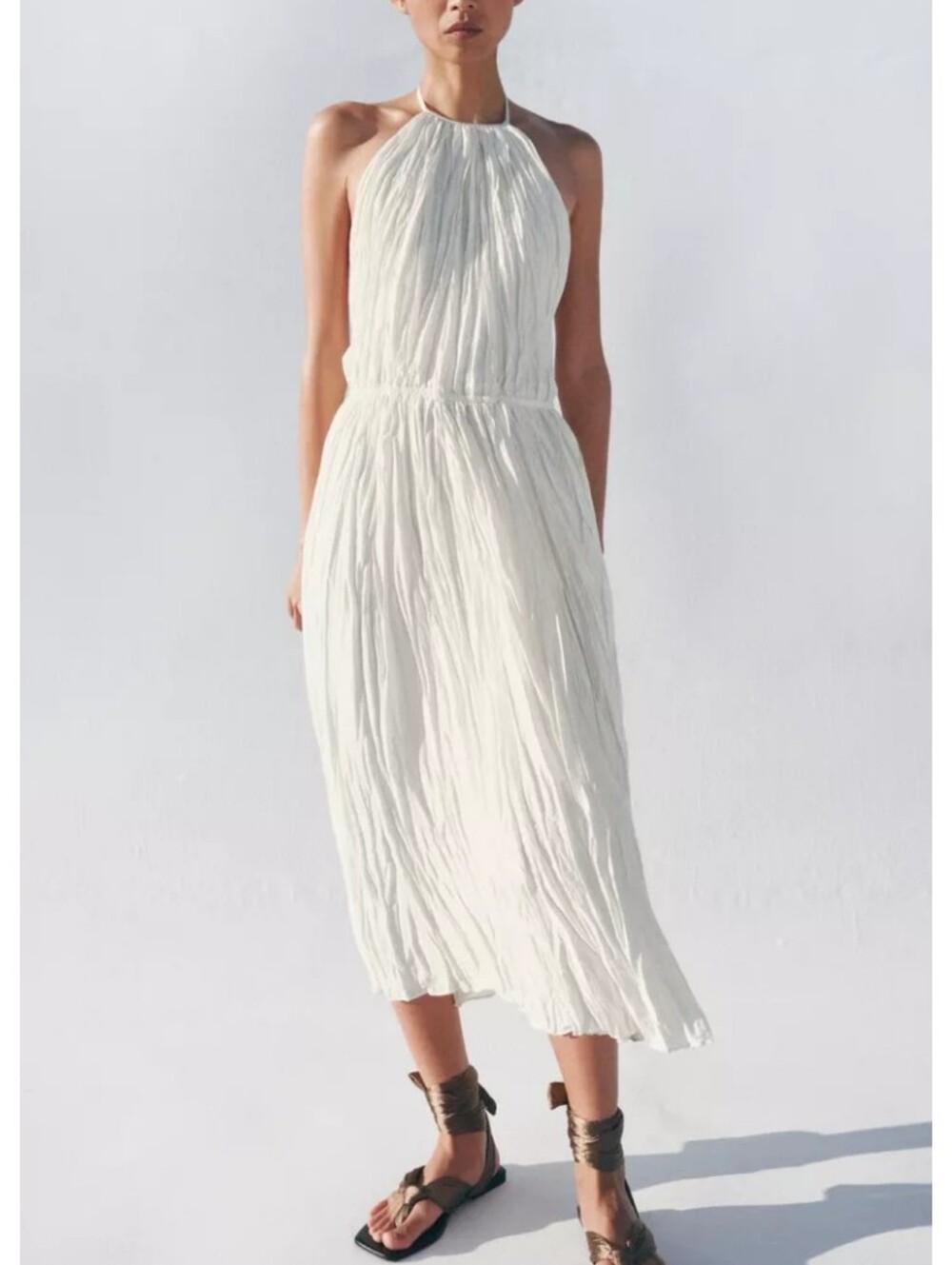 Zara Zw Collec Cream Halter Pleated Midi Dress - Elegant Summer Dress